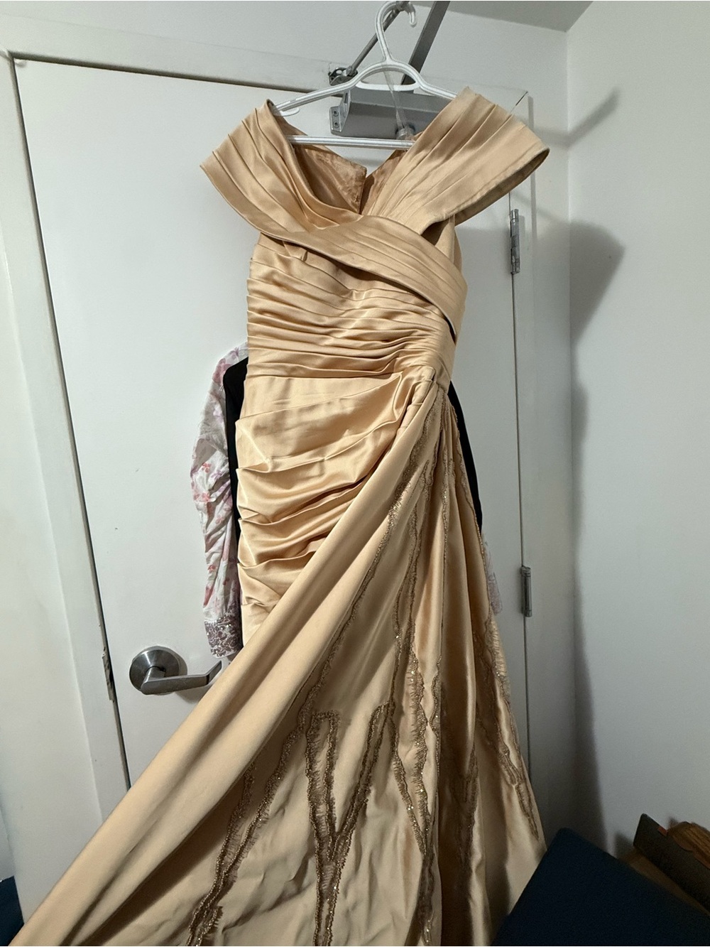 Luxedraped Champagne Prom Gown with Off-Shoulder Detail